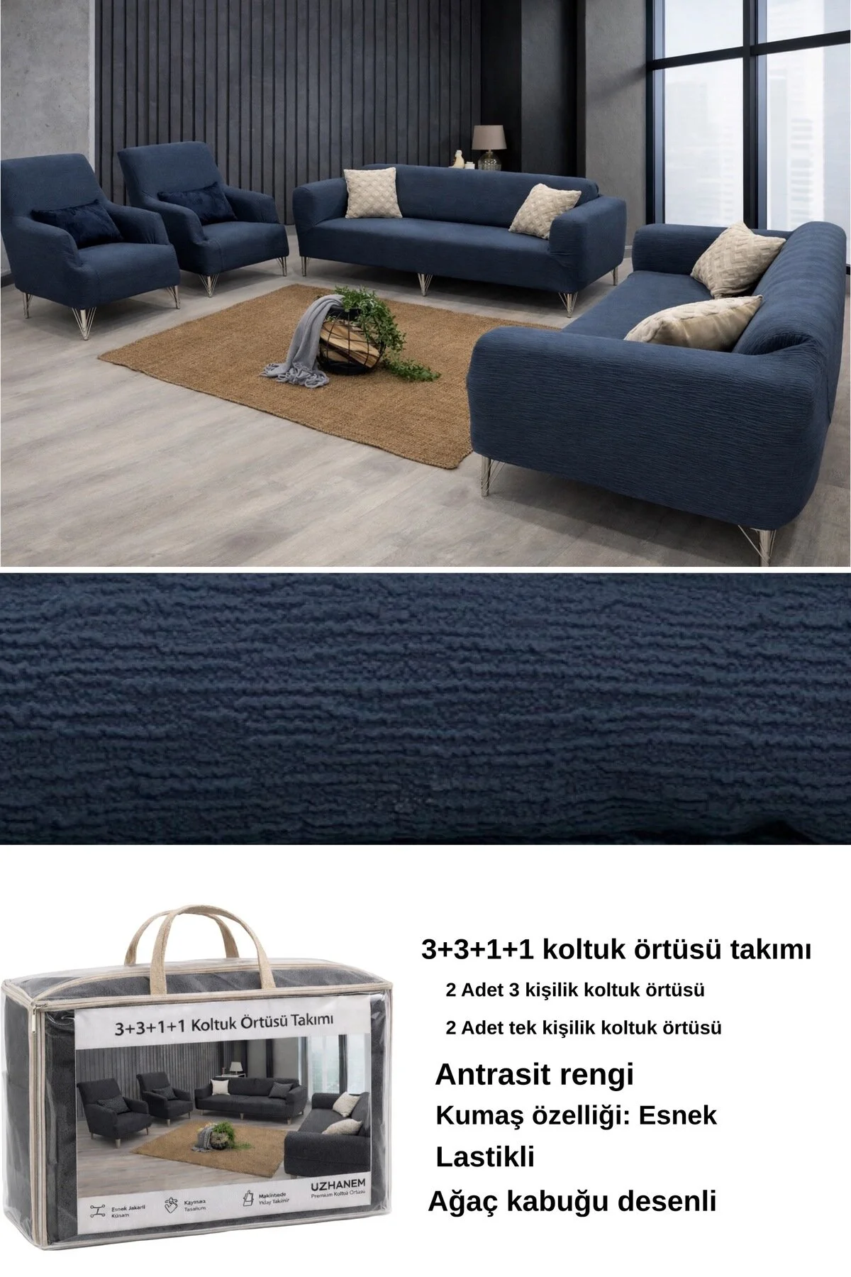 uzhanem 3+3+1+1 Streç Lastikli Esnek Yıkanabilir Pamuklu Jakarlı Koltuk Örtüsü Takımı Koltuk Kılıfı