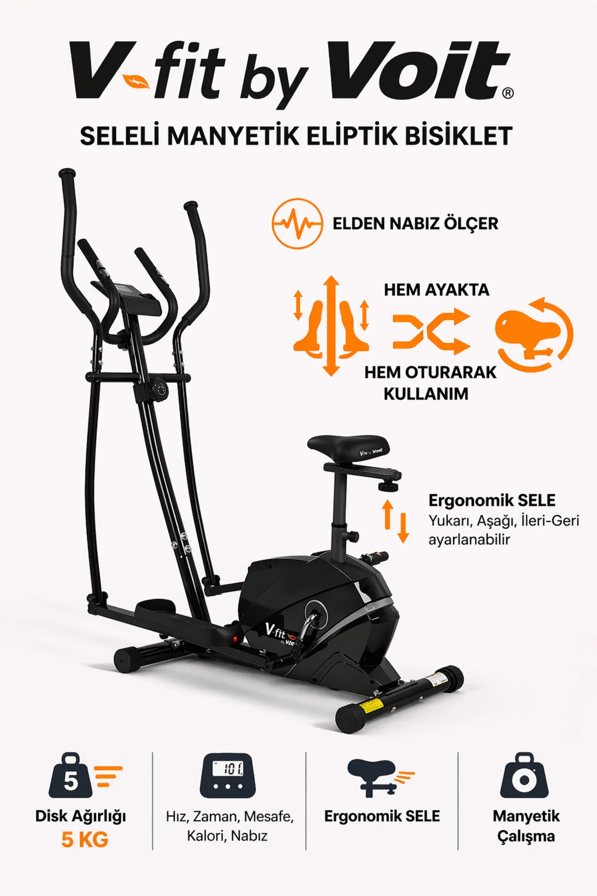 Voit V-fit By Voit Manyetik Eliptik Bisiklet Sessiz Çalışan Elden Nabız Ölçerli Kondisyon Aleti
