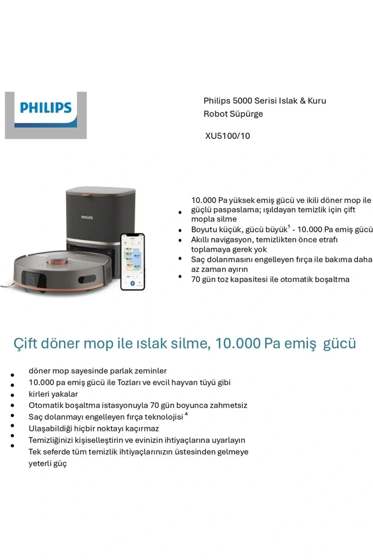 Philips 5000 Serisi Islak Kuru Robot Süpürge, Yüksek Emiş Gücü, Otomatik Boşaltma, HomeRun, Gri, XU5100/10